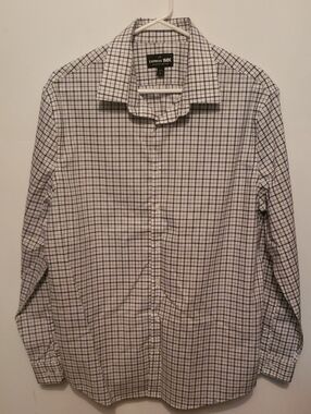 Express Men's White Dress Shirt with Black Windowpane Check